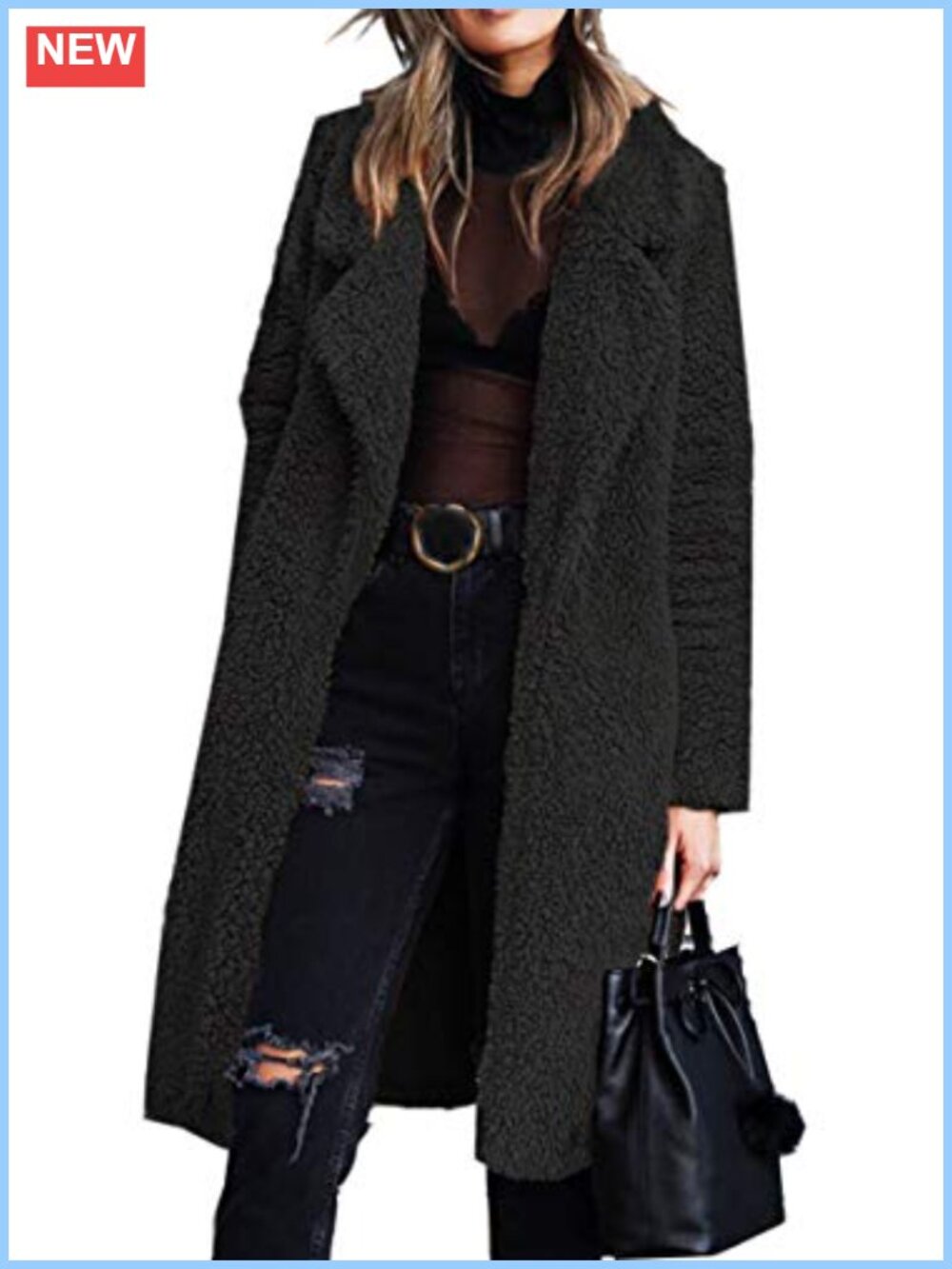Fuzzy Fleece Lapel Open Front Long Cardigan Coat Faux Fur Warm Winter